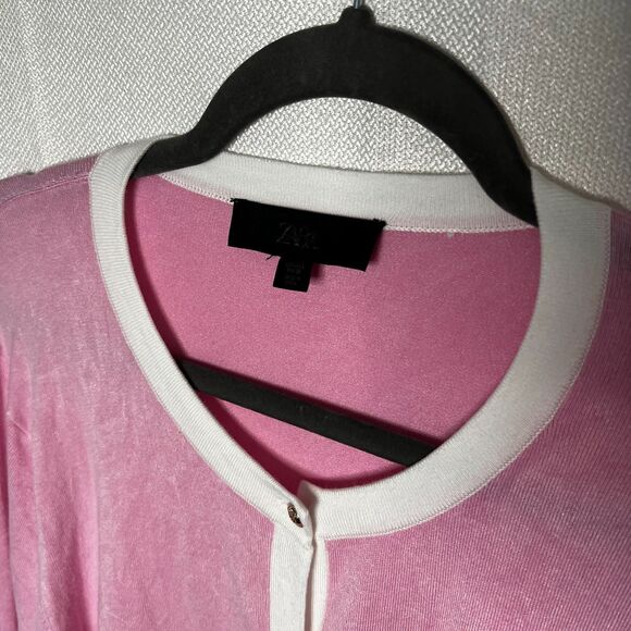 Zara Pink Contrast Trim Cardigan Sweater Coquette Preppy Lightweight Knit Size L - Picture 5 of 8